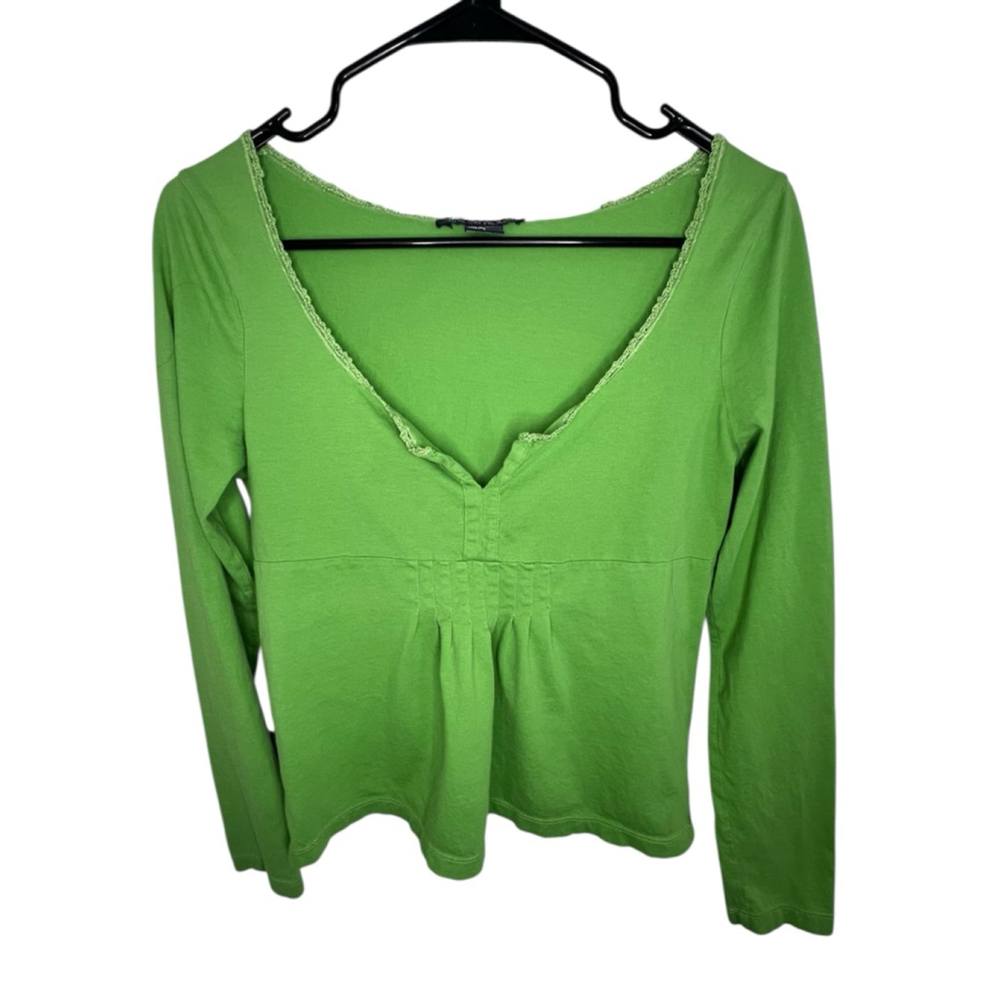 Boston Proper Vintage Y2K Lime Green Peplum Long Sleeve Blouse With Lace Trim